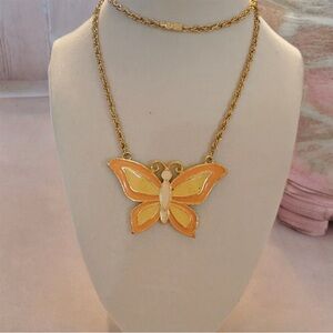 Vintage 70s Enamel Butterfly Statement Necklace Gold Tone LIN Boho Retro